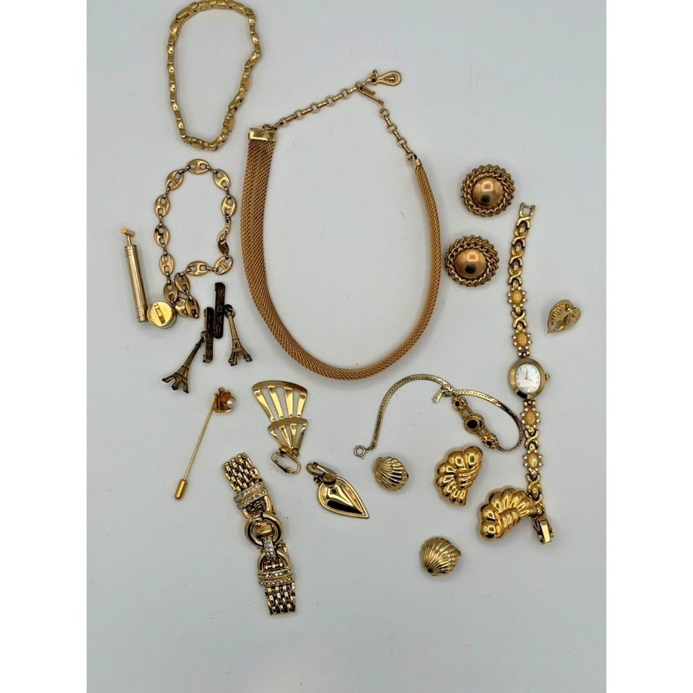 Vintage Gold Tone Costume Jewelry Lot Necklace Bracelets Watch Mini Perfume Pump